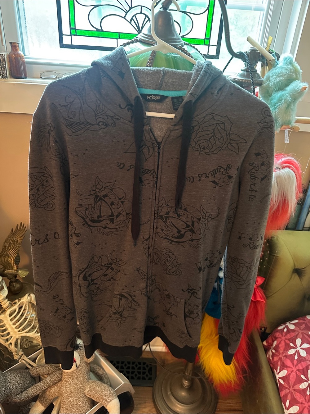Fox Gray Zip-Up Hoodie with Black Drawstrings